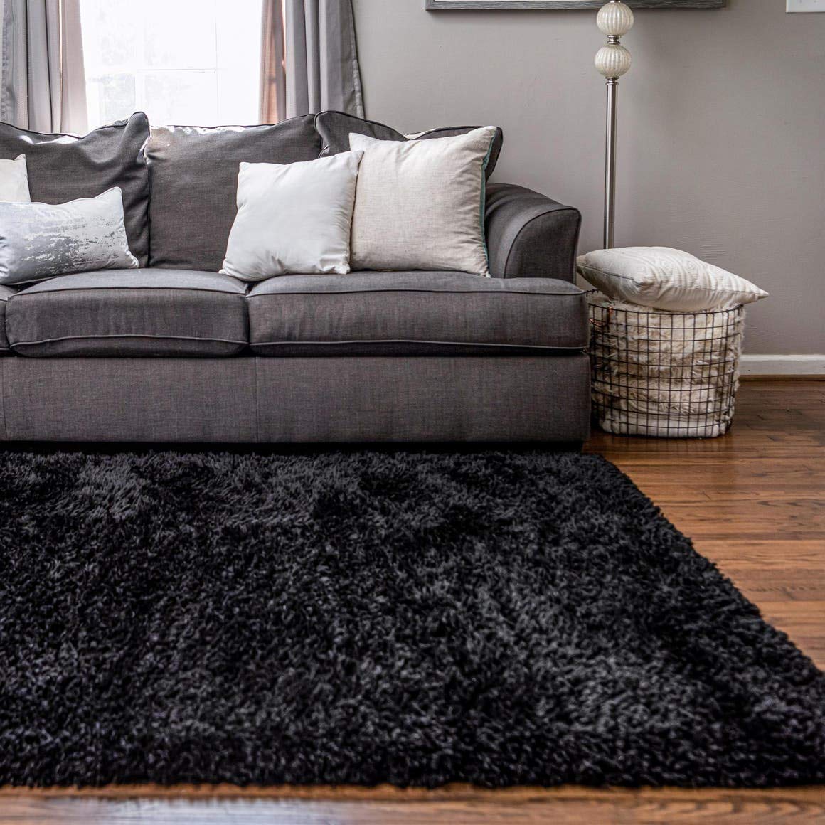 Rugs.com Infinity Collection Solid Shag Area Rug – 7' x 10' Onyx Black Shag Rug Perfect for Living R