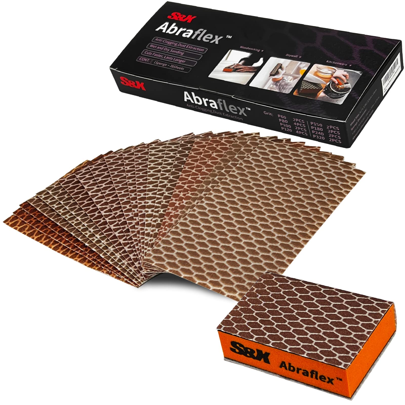 S&X ABRAFLEX Sanding Sponge Hook and Loop Sandpaper Assortment Grit 60/80/100/120/150/180/240/320, 20-Pack, Multipurpose Coarse Medium Fine Grit Sanding Block Set for Wood, Drywall, Metal (20)