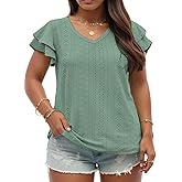 VISLILY Womens-Plus-Size-Summer-Tops Ruffle Short Sleeve T Shirts Trendy V Neck Tunics Casual Loose Eyelet Blouses Tee XL-5XL