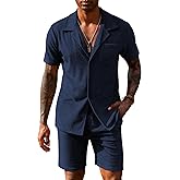 URRU Mens Short Sets 2 Piece Outfits Summer Beach Terry Short Sleeve Button Down Shirt and Shorts Set