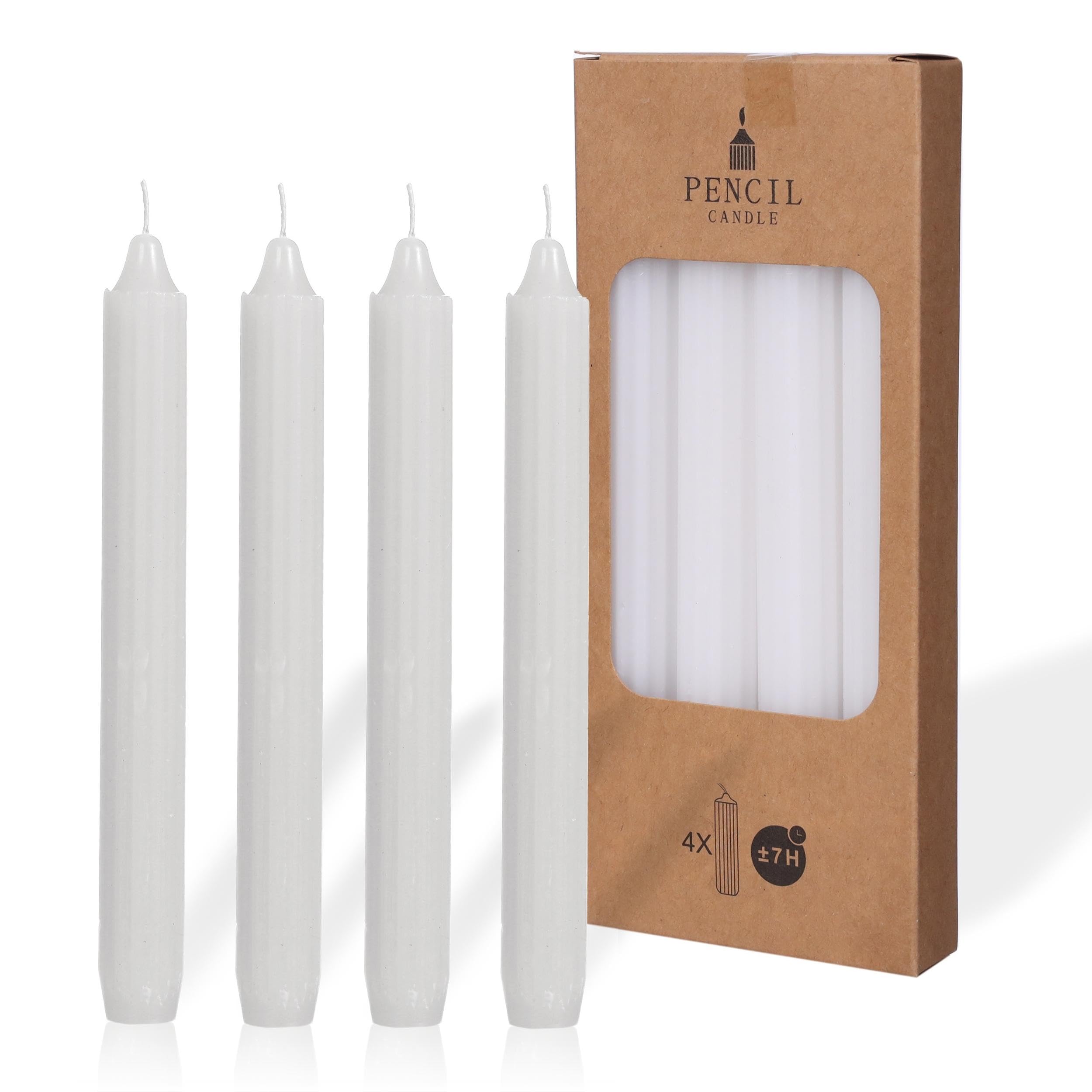 comforder COMFORDER Taper Candles Set, 4 x Table Candles Plain + Ribbed, 20 cm, 7 Hours Burning Time (White)