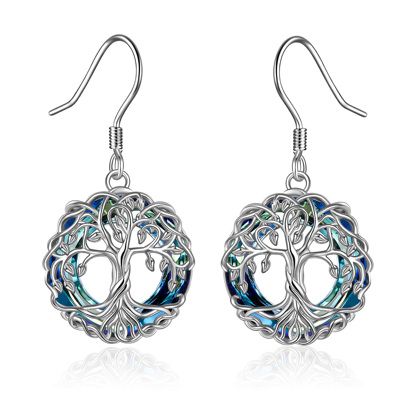 YFN Tree of Life Earrings Sterling Silver Blue Crystal Dangle Family Tree Celtic Knot Jewelry Gifts for Girls Women