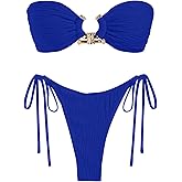 ZAFUL Women Bikini Sets Ribbed Textured Metal Two Piece Adjustable Tie Back Bandeau Bathing Suit Tie Side High Cut Swimsuit
