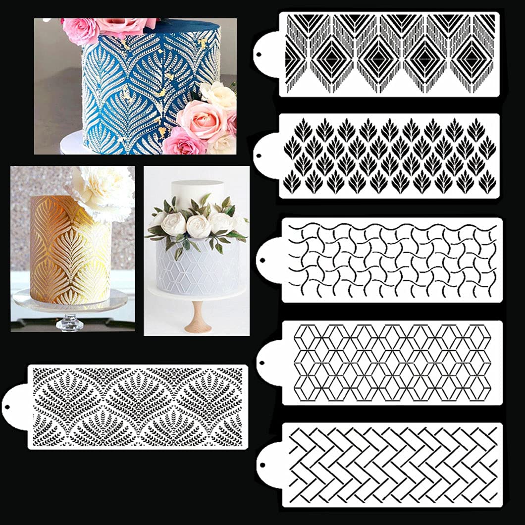 Rolin Roly 6PCS Cake Stencils Decorating, Floral Cake Templates, Cake Printing Hollow, Embossed Fondant Impression Mat for DIY Wedding Birthday Fondant Chocolate Sugar Sieve Decor Tool