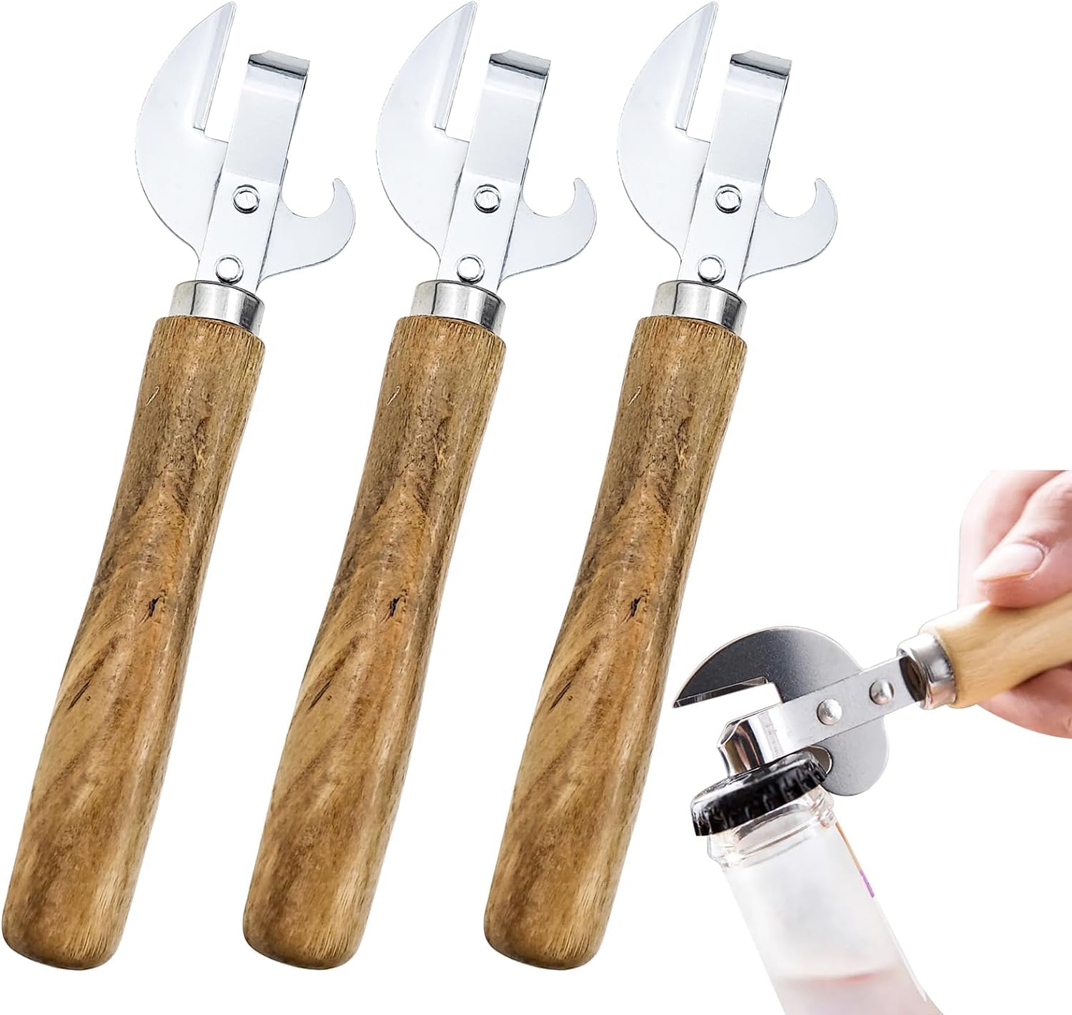 3 Pack Stainless Steel Kitchen Utensil Multifunctional Lid Remov with Wood Handle Bottle Punch Can Opener for Camping and Traveling