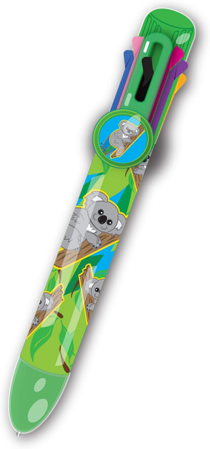 Rainbow Writer, Koala Pen by Deluxebase. 8-in-1 Multicolour Retractable Ballpoint Pen with a Green Glitter Barrel