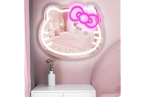 Lamomo Hello Kit Vanity Mirror with Light, Dimmable LED Anime Neon Sign, USB Large Size Wall Cat Pink Neon Lights for Teen Girl Gifts, Bedroom Decor, Kid Room (16"*12.6")