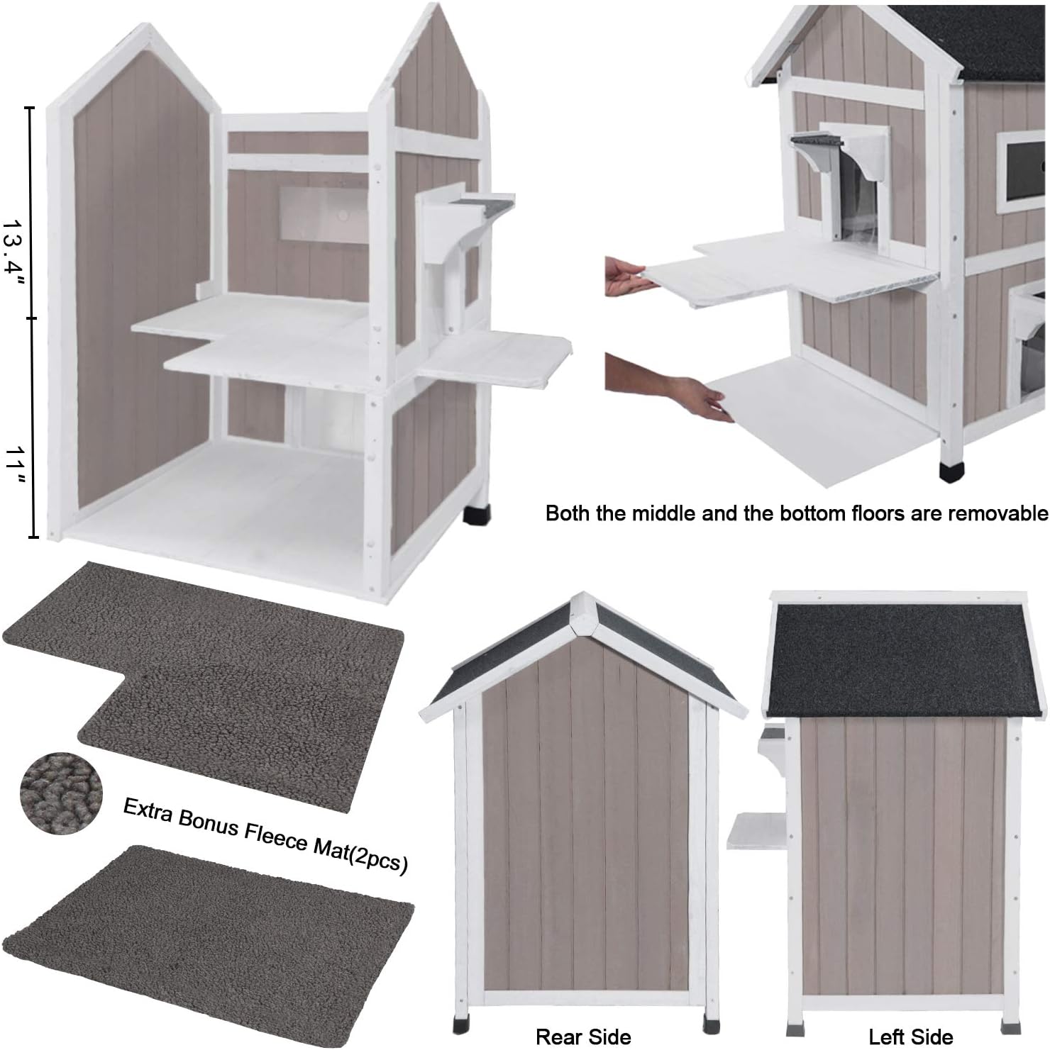 ROCKEVER Feral Cat Shelter Outdoor with Escape Door Rainproof Outside Cat House Two Story for Three-Four Cats Color Grey : Pet Supplies