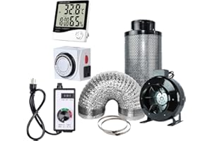 BloomGrow 8'' Inline Fan Carbon Filter Ducting Combo + Fan Speed Controller + 24 Hour Timer Outlet+Thermometer Ventilation System for Grow Tent Kit (8'')