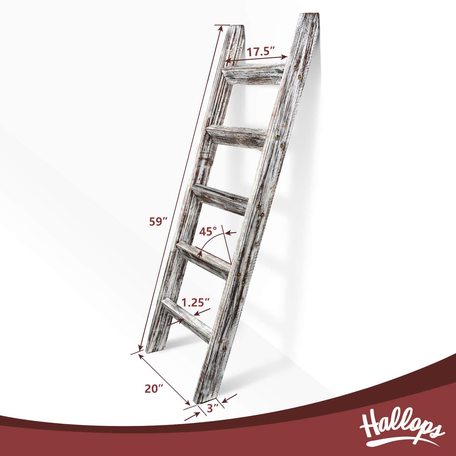 Hallops Blanket Ladder 5 ft. Premium Wood Rustic Decorative Quilt Ladder. White Vintage Wooden Decor. Throw Blankets Holder Rack (Brown)
