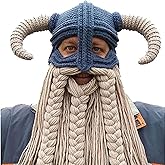 Adult Long Beard Viking Knit Hat Barbarian Bull Horn Handmade Knitted Beanie Hat Warm Funny Ski Cap Funny Party hat