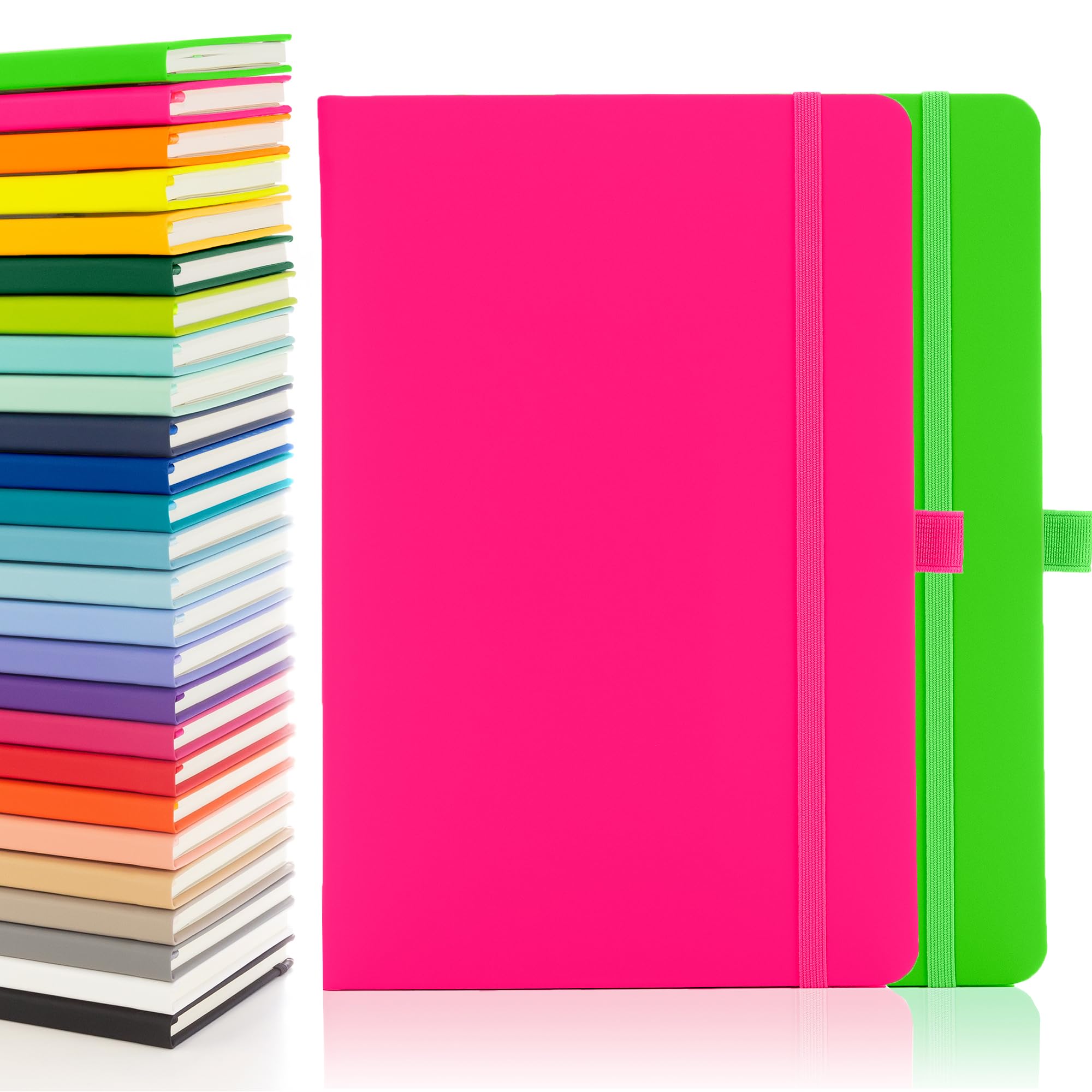 Notes London 2 x Eco A5 Notebook with Lined Pages, Pen Loop, Ribbon, Date Marks and Paper Pocket, Medium Hardback Journal, Note, sustainably sourced paper (Neon Pink & Neon Green)