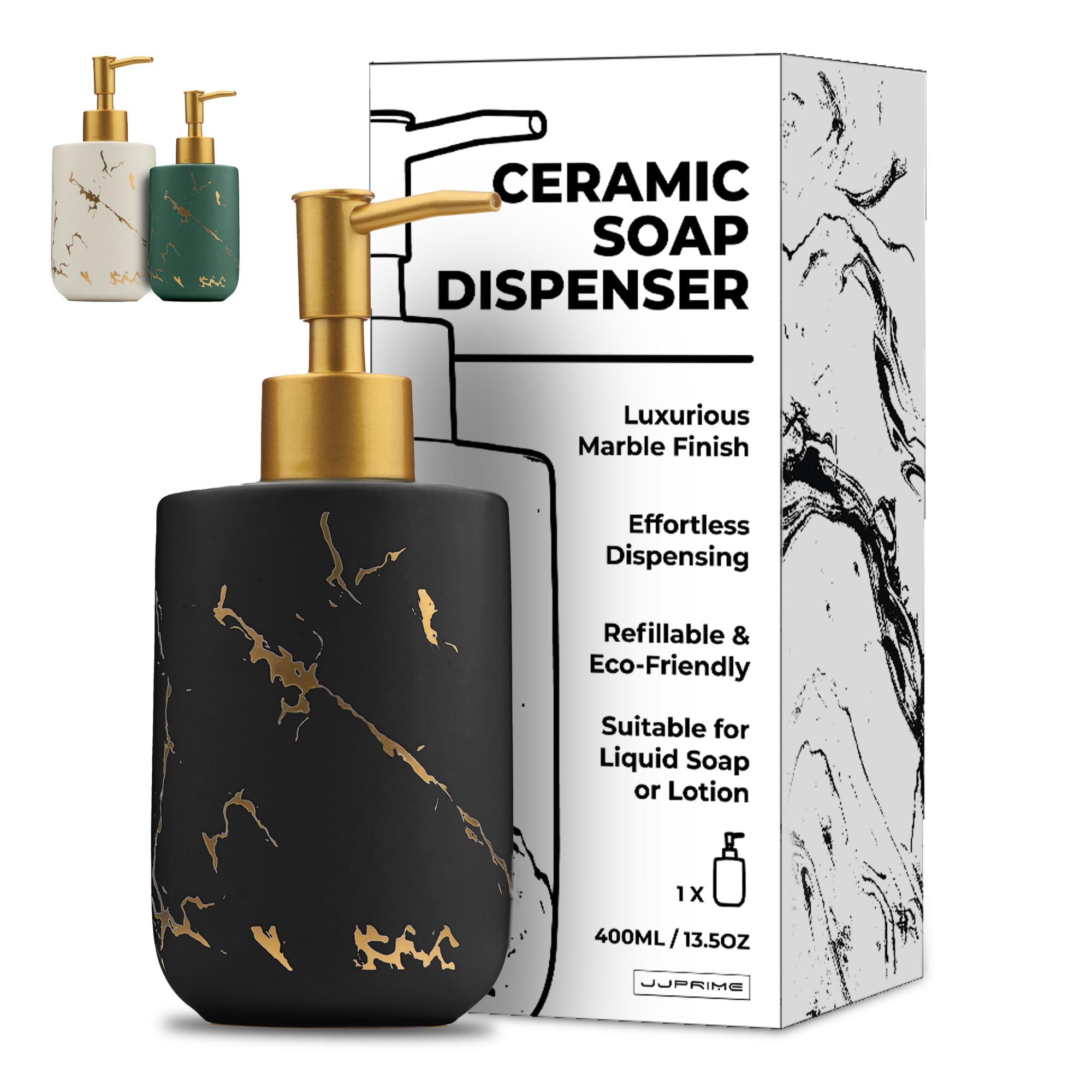 JJ PRIME Ceramic Shower 400ml | Marble Look Pump | Kitchen Soap Bathroom Bottles | Hand Wash Dispenser (Black), One Size