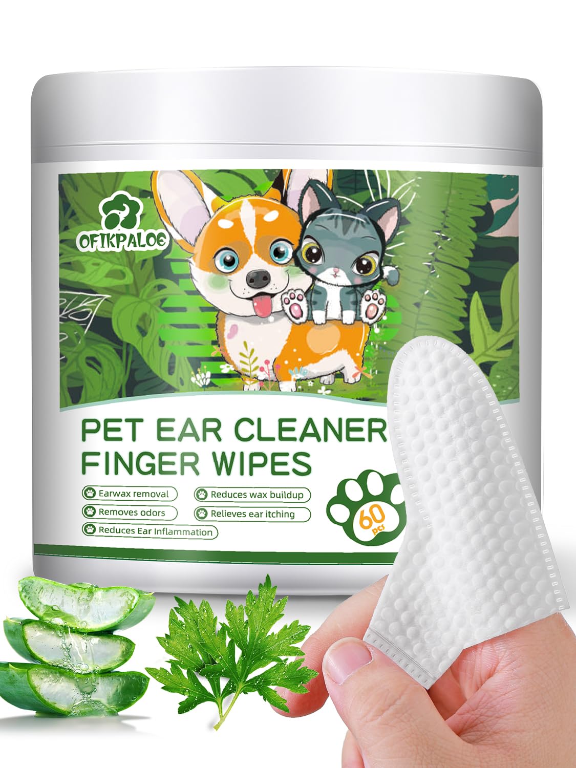 Photo 1 of -**pack2**ofikpaloe 60 Pcs Extra Large Cat & Dog Ear Wipes, Ear Wipes for Dogs, 60° Fit Design, Non-Slip. Wipes Away Ear Wax, Effectively Removes Odor, Relieves Itching and Soothes Skin, Natural Ingredients