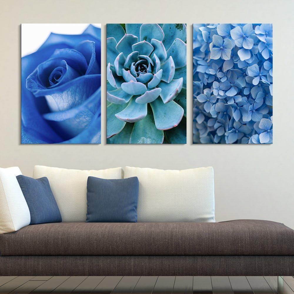 wall26-3 Panel Canvas Wall Art - Blue Rose Succulent Plant and Small Blue Flowers - Giclee Print Gallery Wrap Modern Home Art Ready to Hang - 16"x24" x 3 Panels