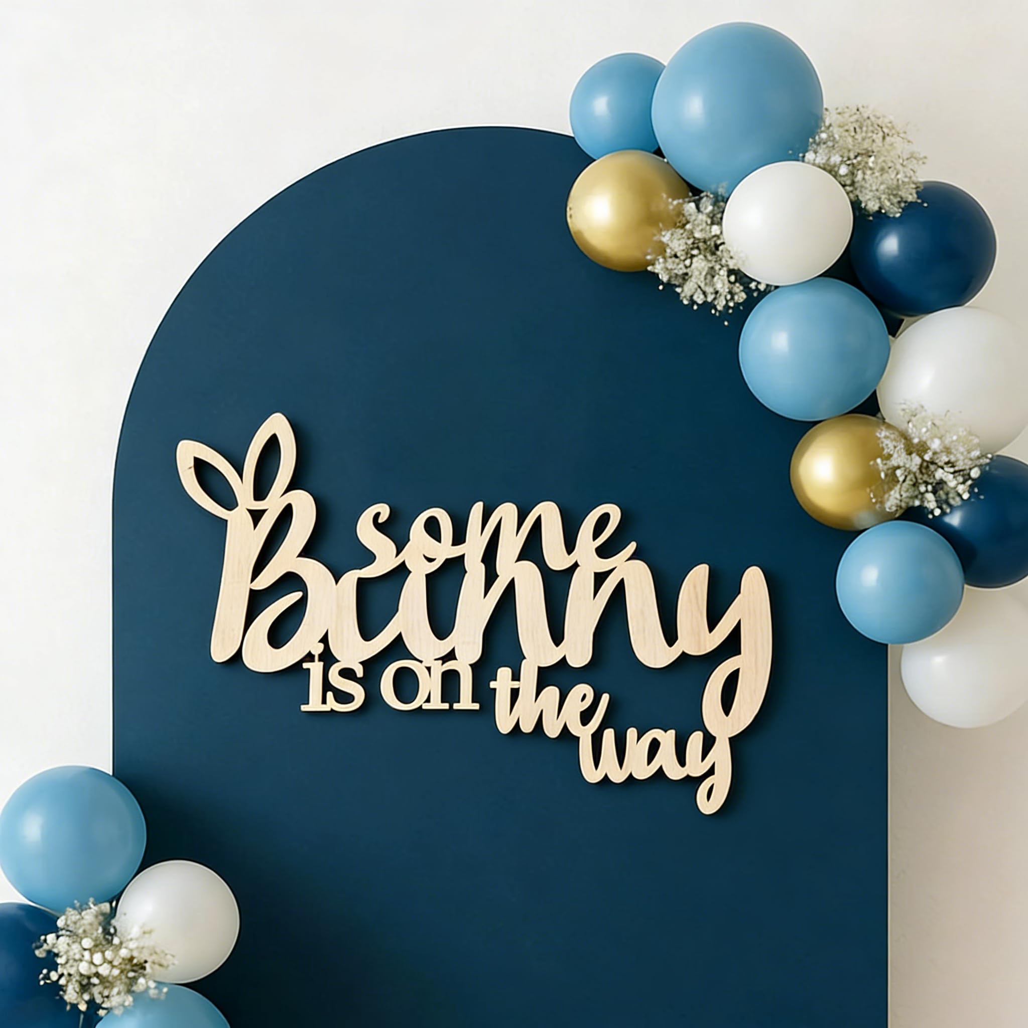 Photo 1 of Snvpnyd Wooden Some Bunny is on The Way Sign for Backdrop, Laser Cutting Baby Shower Decor for Bunny Theme Party Spring Baptism Easter Gender Reveal Nursery Decor