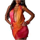 Floerns Women's Tie Dye Sheer Mesh Draped Halter Dress Sleeveless Backless Bodycon Mini Dresses