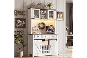 GarveeHome 72" Farmhouse Coffee Bar Cabinet with Sliding Barn Door, LED Lights & Power Outlets, Tall Kitchen Buffet Hutch with 3 Drawers & Wine Glass Rack, Ample Storage for Home Bar, White