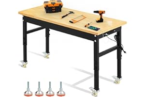Antifir 60" Adjustable Workbench,Rolling Heavy-Duty Workstation with Power Outlet and Wheels,Large Load Capacity Rubber Wood Top Worktable for Garage,Office,Workshop,Home, Easy Assembly, Black