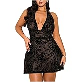 Floerns Women's Plus Size Floral Lace Halter Dress Sleeveless Tie Open Back Night Out Dresses