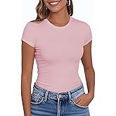 PALINDA Women's Short Sleeve Crew Neck Fitted Shirts Basic Casual Stretchy T Shirt Workout Tops