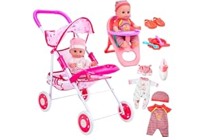 12" Baby Doll Set Toy with Stroller, Play Baby Doll Care Toy with High Chair, Clothes and Accessories for Girls, Toddlers