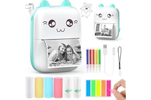 HuiJuKeJi Mini Sticker Printer Cat Bluetooth Smart Pocket Inkless Thermal Printer with 7 Rolls Thermal Paper and Sticker for iOS&Android, Portable Receipt Printer for Photo Journal Notes Memo - Blue