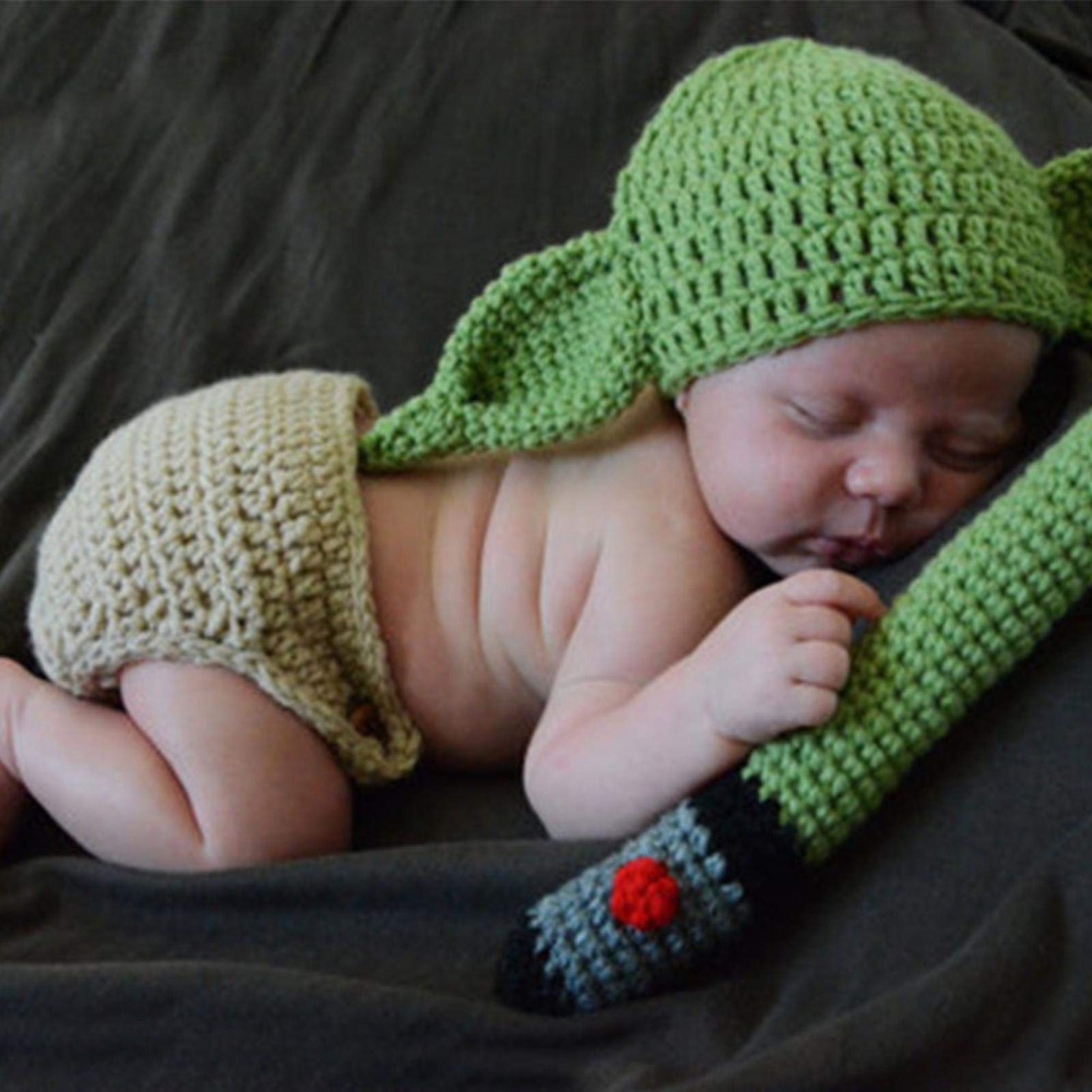 MOVKZACV Baby Yoda Costume, Newborn Photography Props Crochet Knitted Outfits Set Yoda Hat And Diaper Cover, Birthday Shower Gift Cartoon Clothing