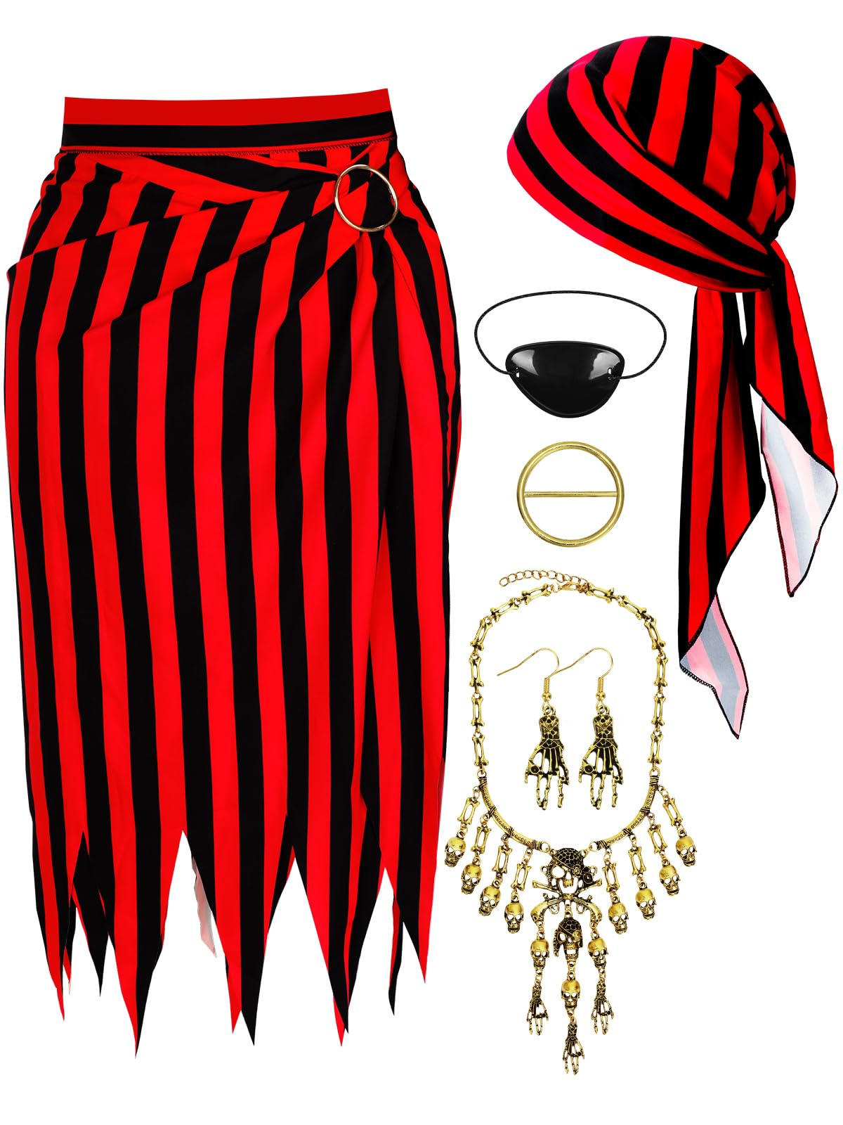 Photo 1 of Jansun 6-Piece Pirate Costume Set - Women's Pirate Skirt Dress, Open Design, Adult Head Scarf, Hat, Eye Patch, Skeleton Necklace, Earrings