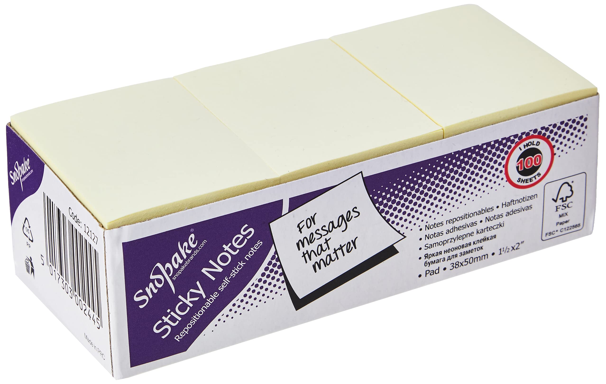 Snopake 50 x 38 mm Yellow Sticky Notes [Pack of 12, 100 Sheets per Pad ] 12127, 1.5 x 2 inches
