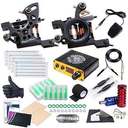 Dragonhawk Tattoo Kit 2 Tattoo Machines Coil Machine Guns Power Supply Disposable Needles for Tattoo Artist