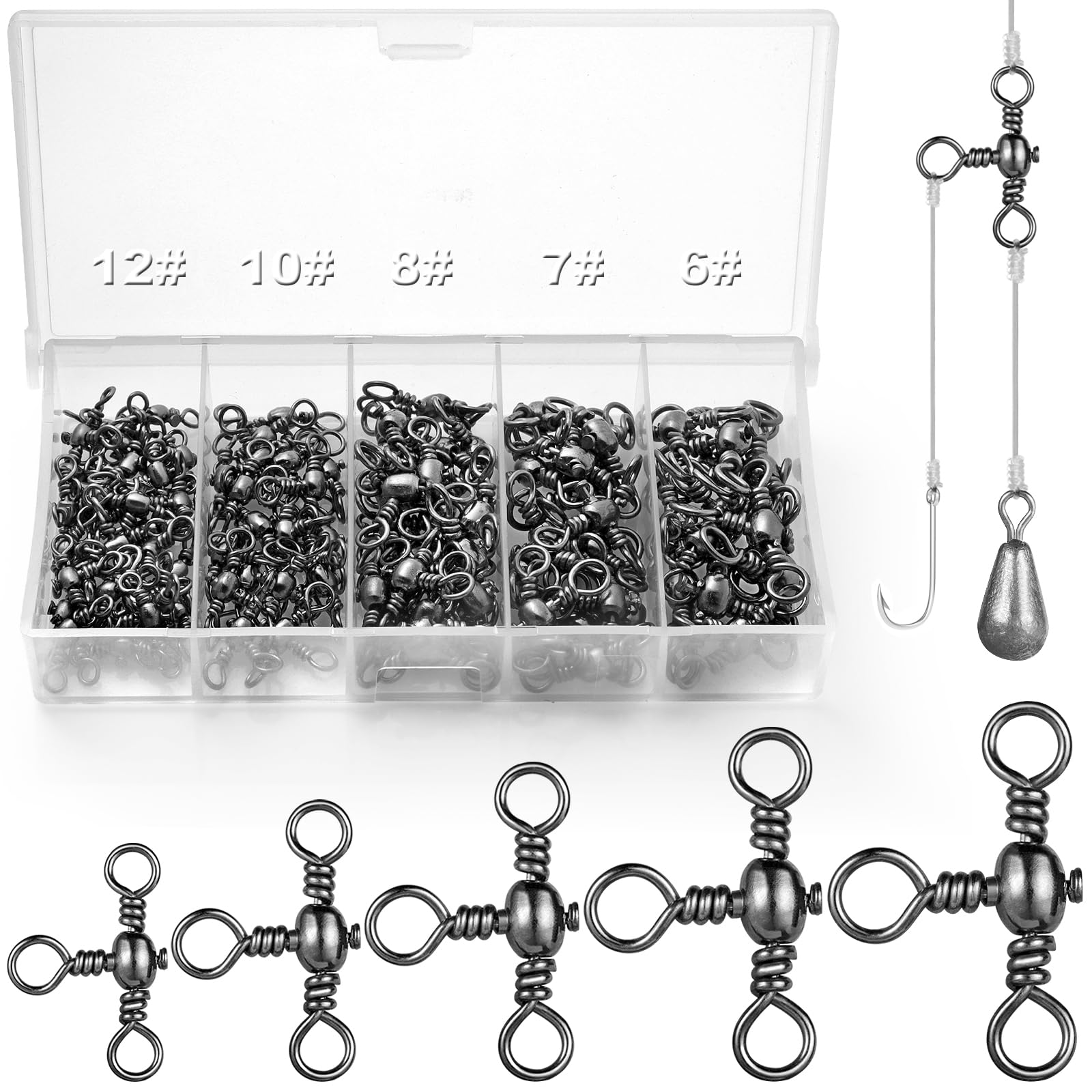 Annyswit 100Pcs 3 Way Swivel Fishing Tackle 6# 7# 8# 10# 12# Stainless Steel Three Way Fishing Swivels Saltwater T-Shape Black Nickel Triple Swivel Fishing for Catfish Rig Shaddock Fishing Sea Fishing