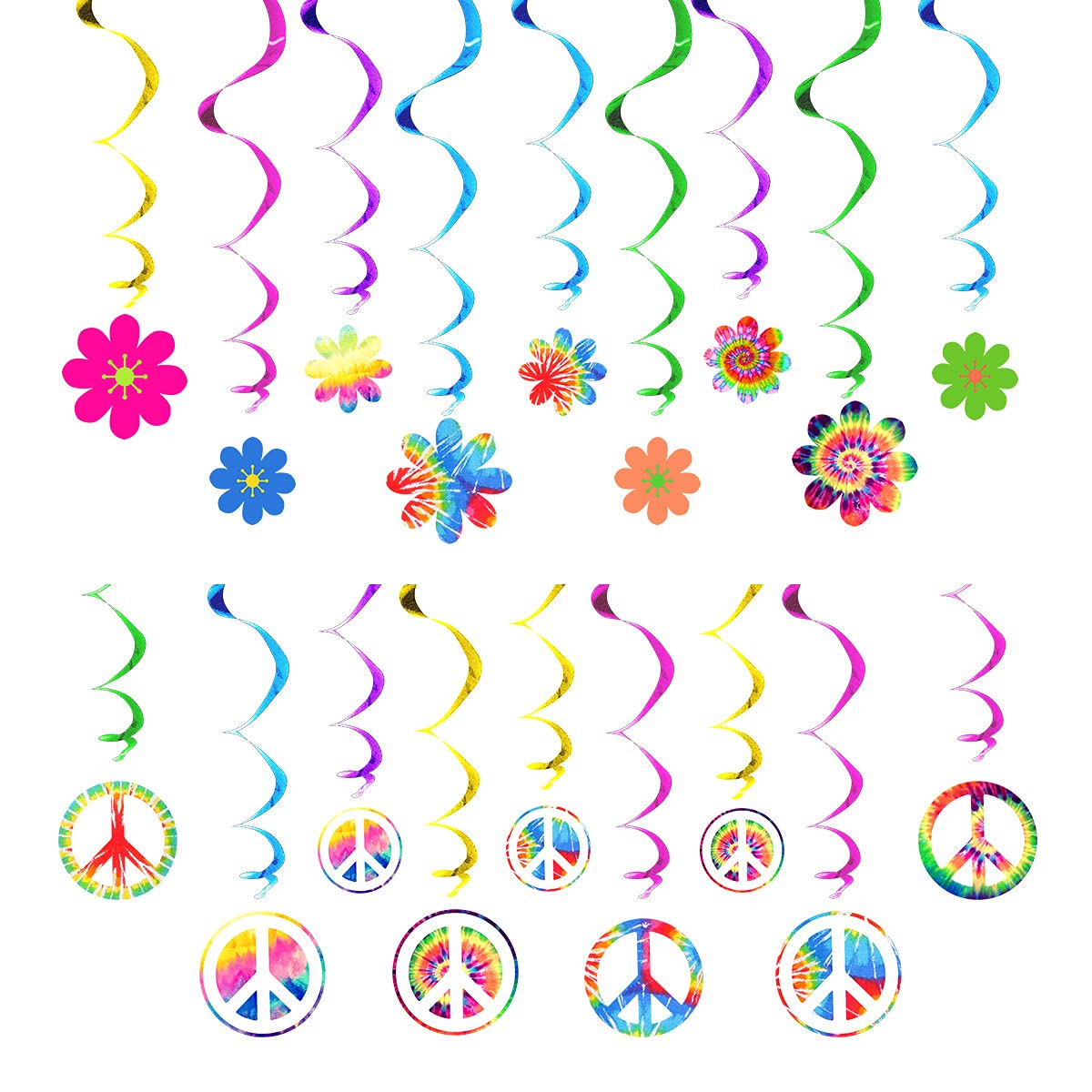 18 Pcs 60's Hippie Theme Party Foil Swirl Decorations 60s Groovy Party Retro Flower Cutouts Peace Sign Hanging Swirls Ceiling Decorations for 60sTheme Party Decorations
