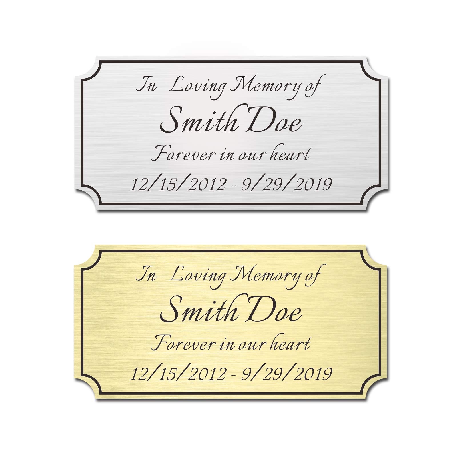 2" H x 4" W, Custom Elegant Engraved Plate, Personalized Memorial Plaque, Brushed Stainless Steel or Brass Laser Engraved Name Plates with Adhesive Backing or Screws, Notched Corner (Silver, Gold)