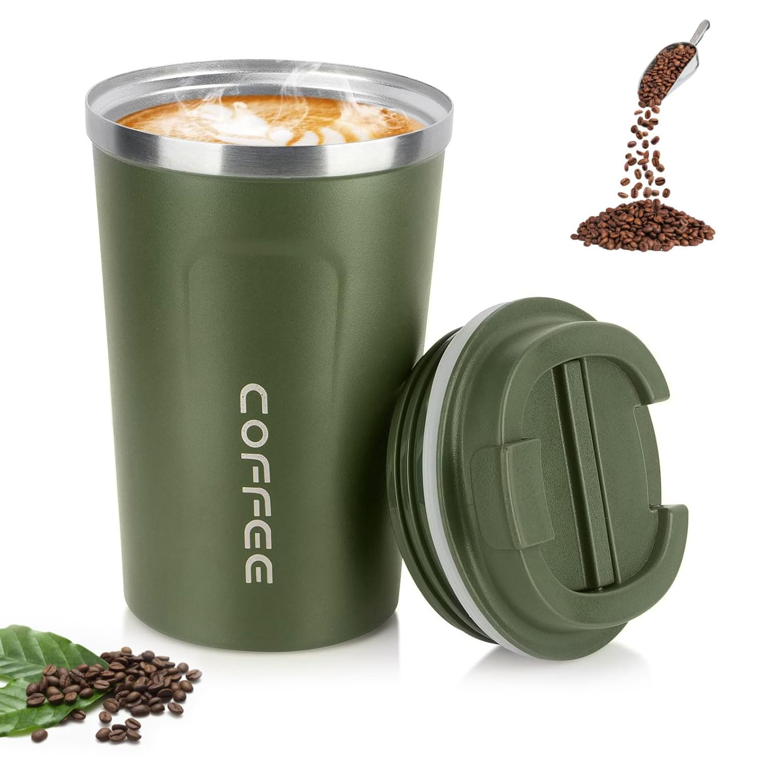 hzbaiyi Coffee Cup, 380ml Vacuum Insulated Travel Mug, Leakproof Double Wall Stainless Steel Reusable Coffee Cup with Lid for Hot & Cold Drinks (Dark Green)