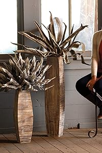 Kalalou""Set of White Washed Tall Oblong Wooden Vases, Large & Small, Brown