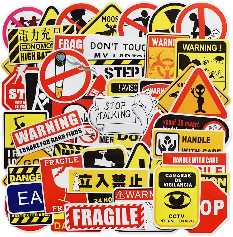 Laptop Stickers, Computer Stickers for Hydro Flask Laptop Water Bottles Car Bumper Skateboard Guitar Bike Luggage Waterproof Vinyl Decals Cool Graffiti Stickers Pack (50 Pcs Warning Sign Stickers)