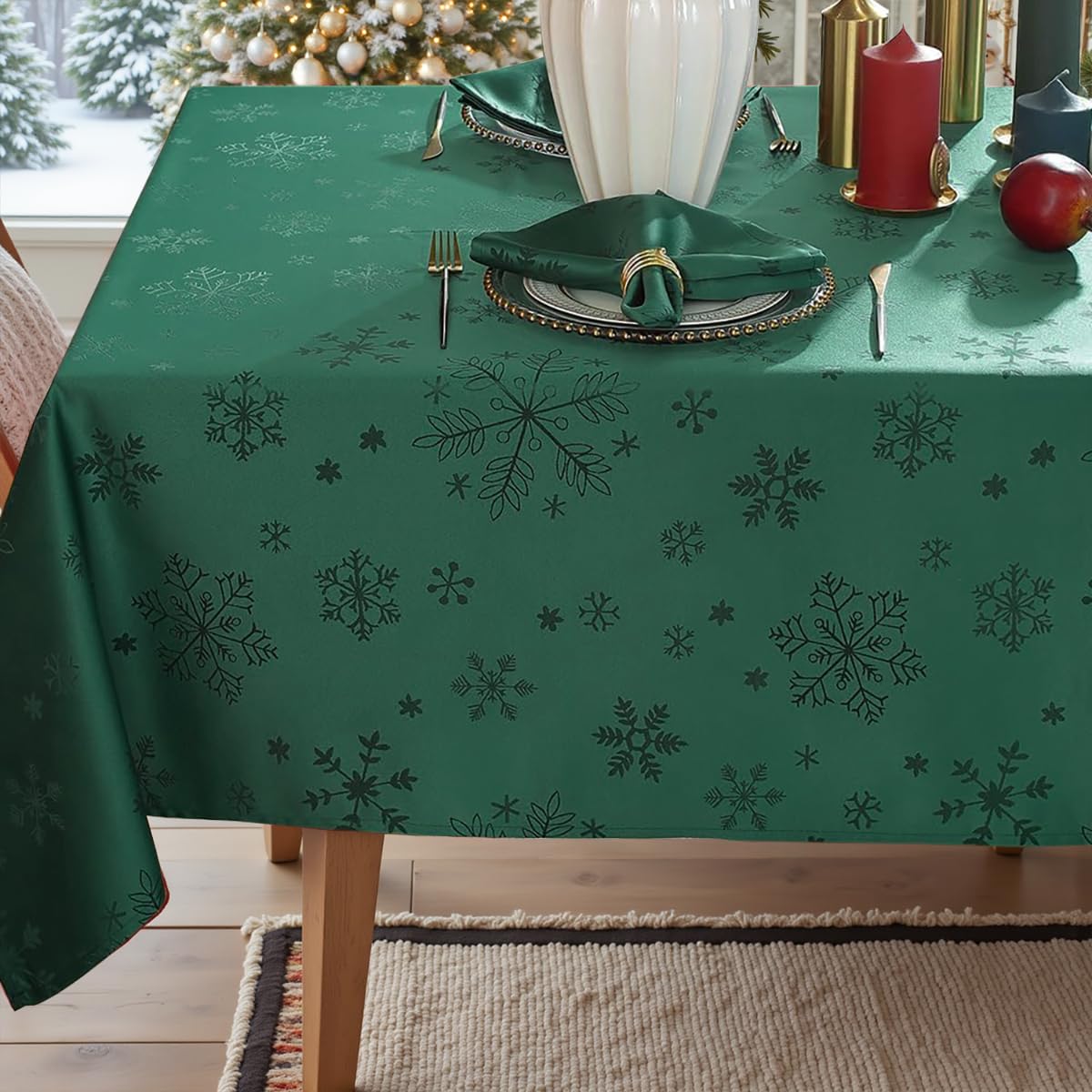 MATIRUG Christmas Table Cloth for Rectangle Tables 52x70 Inch,Spillproof Wrinkle Free Green Snowflake Jacquard Fabric Tablecloth for Xmas Winter Holiday New Year
