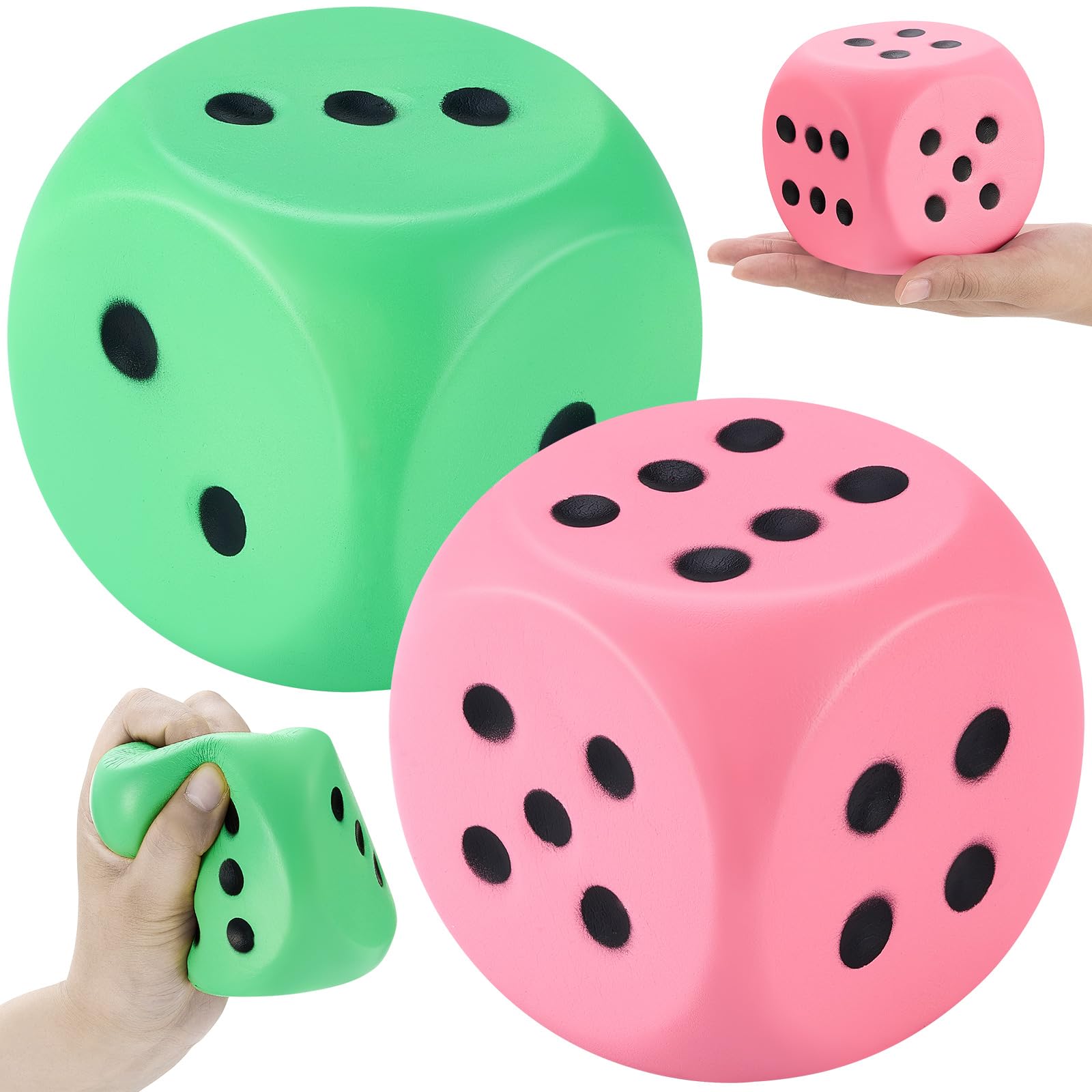 Zomiboo 2 Pcs 3.93'' Large Foam Dice for Classroom Jumbo 6 Sided Giant Dice Casino Party Decoration Squeeze Anxiety Stress Relieve Toy Gifts for Valentine's Day Adults Kids Board Game, Pink Green