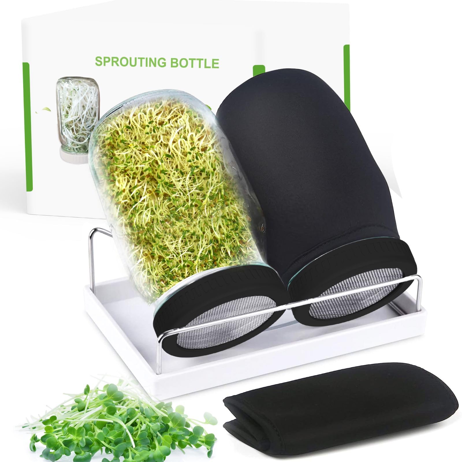 Photo 1 of Organic Seed Sprouting Jar Kit – 2 × 32 oz Wide-Mouth Mason Jars with Stainless-Steel Sprouter Lids & Stand, Blackout Sleeves, Drain Tray – Grow Broccoli, Alfalfa & Bean Microgreens