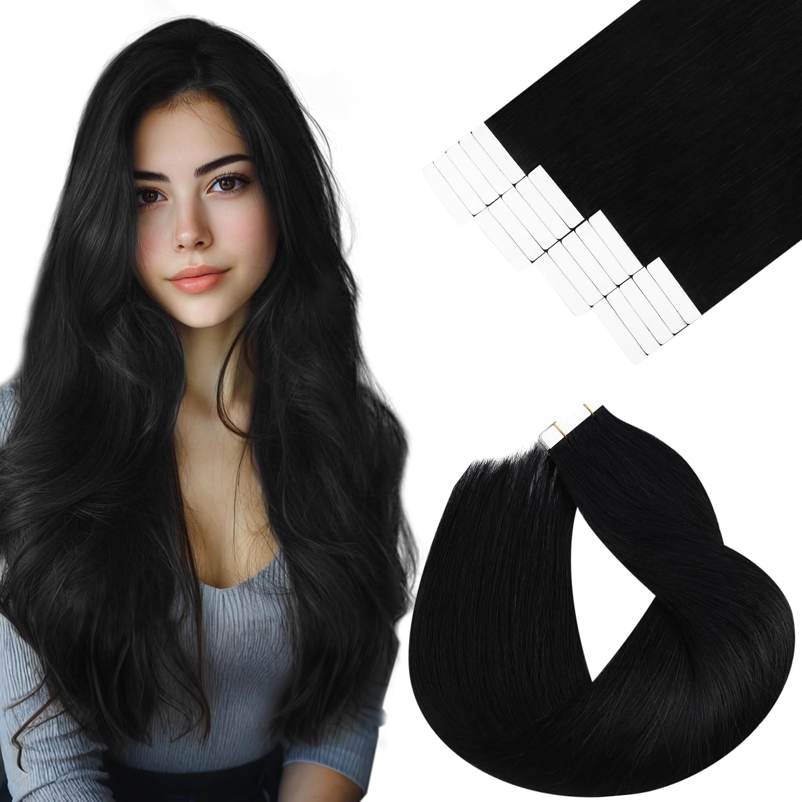 Vivien Tape in Extensions Real Human Hair Black 12 Inch Invisible Natural Hair Extensions Tape in Jet Black Short Soft 20pcs 30g #1 — image 1