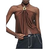Milumia Women's Metal Backless Halter Top Ruched Split Hem Sleeveless Casual Tops