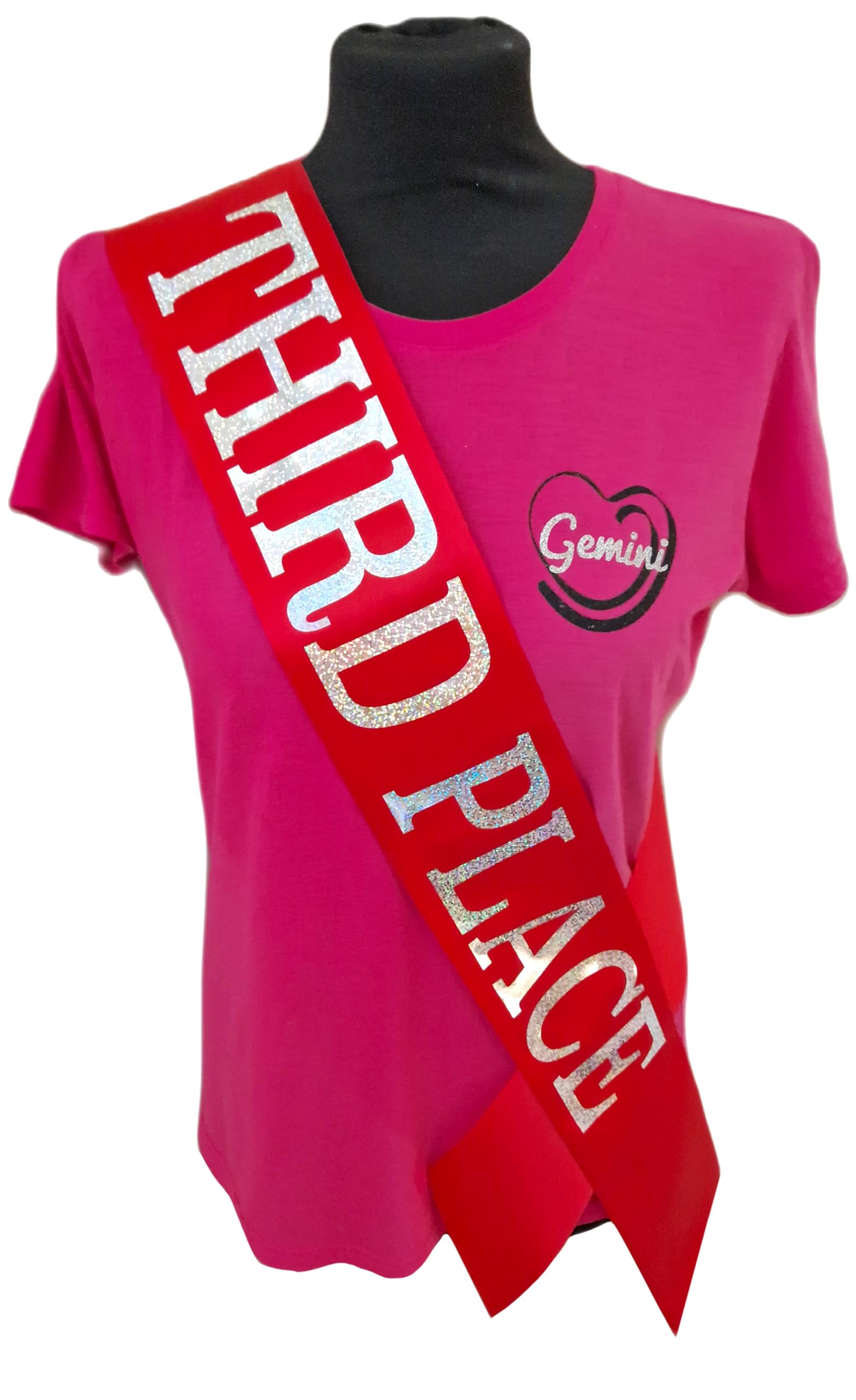 Red Third Place Competition Sash - Beautiful Red Satin Ribbon with Silver Holographic Glitter Lettering - 3rd Place