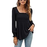 LOMON Blouses for Women Puff Long Sleeve Shirts Square Neck Casual Smocked Tunic Tops 2024 Spring Fall Winter Clothes S-XL