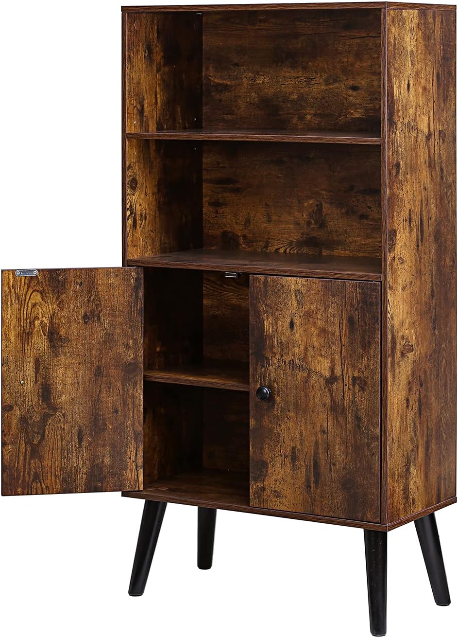 DINZI LVJ Retro Bookcase, 4-Tier Bookcase with Doors, Adjustable Shelves, Mid-Century Modern Bookshelf for Books, Photos, Decorations, in Living Room, Office, Library, Study, Rustic Brown