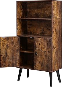 DINZI LVJ Retro Bookcase, 4-Tier Bookcase with Doors, Adjustable Shelves, Mid-Century Modern Bookshelf for Books, Photos, Decorations, in Living Room, Office, Library, Study, Rustic Brown