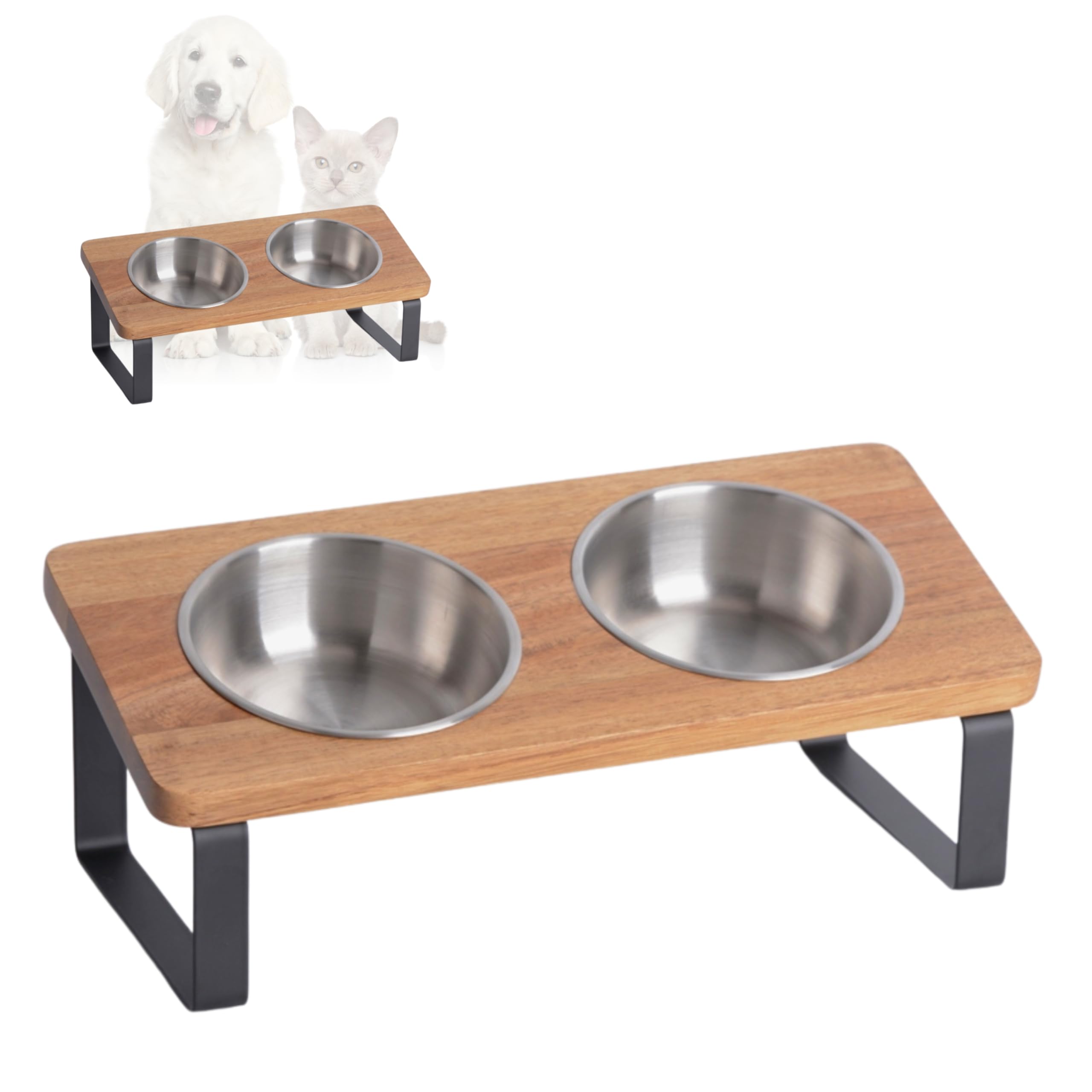 PETLINUS Elevated cat bowls, Ergonomic cat bowls with stand tilted - Dog bowls for small dogs, puppies and cats - Small Dog Water bowl or Cat Water bowl - Satainless steel and wood (Acacia)