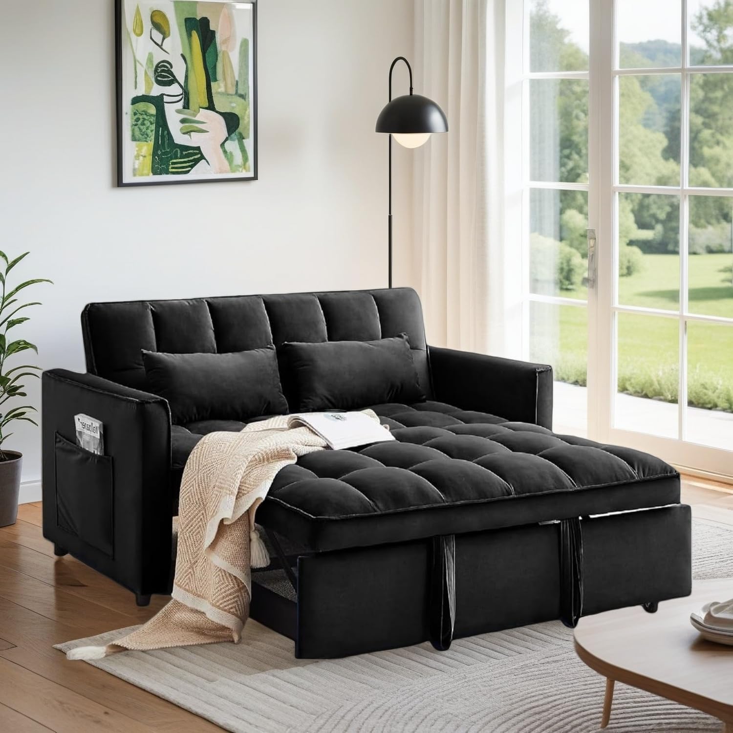 Photo 1 of Trygoal Convertible Sofa Bed, Pull Out Couch with Side Pockets, 3 in 1 Velvet Fabric Loveseat Sleeper Sofa Bed, Pull Out Couch with Adjustable Backrest for Living Room, Bedroom, Apartment, Black