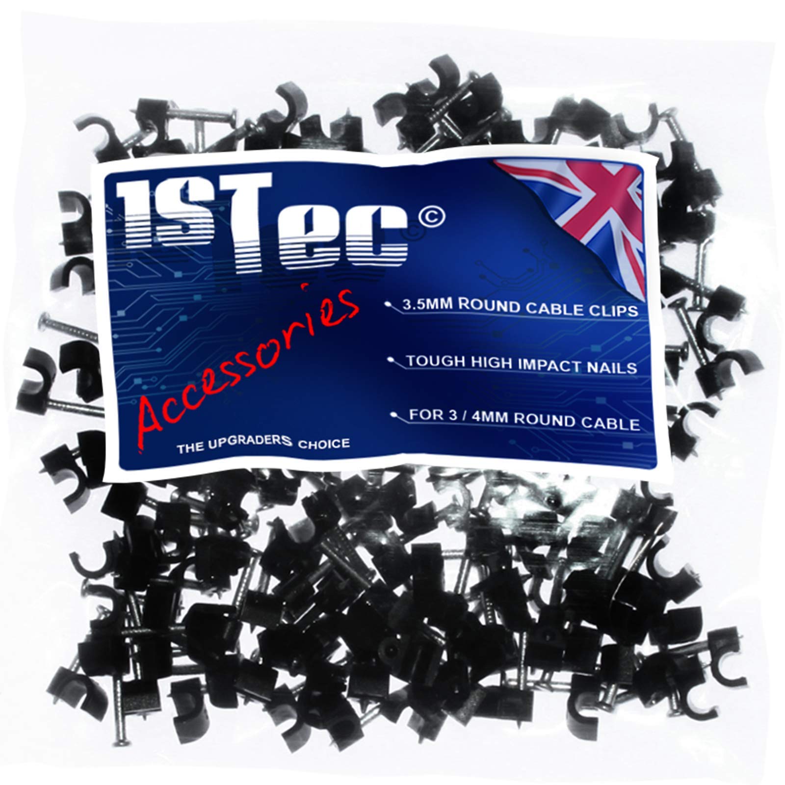 1STec 200 x 3.5mm Small Round Black Cable Clips Suitable for Indoor/Outdoor use Plaster Wood or Masonry Hardened Nails to Tack BT Telephone Cable USB Leads Speaker & Door Bell Wire Low Voltage Lights
