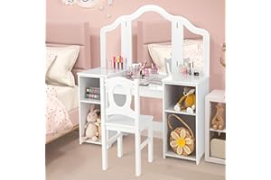 AKUSTIK Kids Vanity, 2 in 1 White Wooden Dressing Table and Chair Set for Toddlers with Tri-Folding Detachable Mirror, Storage Shelves, Pretend Princess Beauty Make Up Play Set for Little Girls